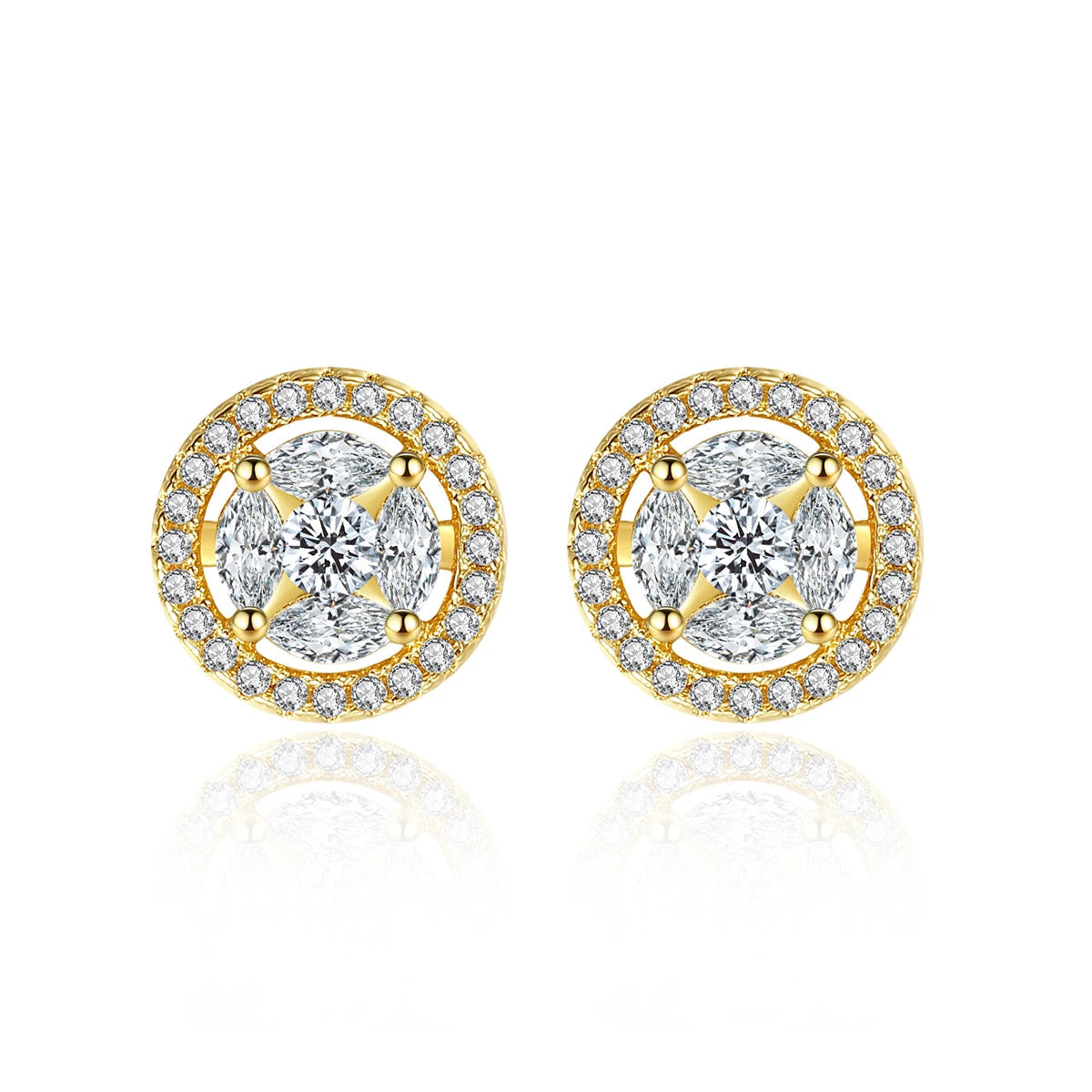 Gold and crystal earrings on a white background with 'luoteemi' branding.
